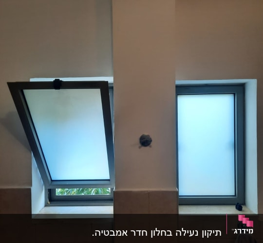 חלונות עם תריסים חלביים, אחד פתוח ואחד סגור